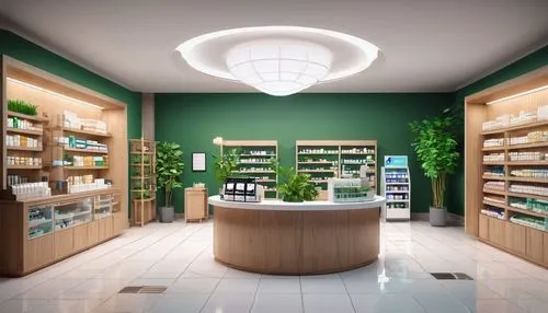 Modern pharmacy interior, bright white walls, wooden shelves, glass cabinets, stainless steel counters, marble floors, minimalist lighting fixtures, green plants on shelves, apothecary jars filled wit