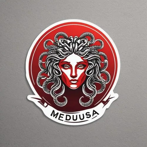 Modern logo emblem for game token depicting the gorgon Medusa (including the word "Medusa"), black and red tones, illustration, vibrant ((circular token)) on white background,a red and white sticker w