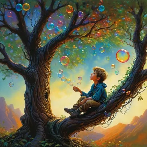 soap bubbles,soap bubble,giant soap bubble,fantasy picture,inflates soap bubbles,magic tree,Illustration,Realistic Fantasy,Realistic Fantasy 32