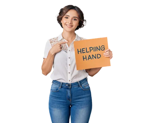 Helping hand, holding sign, kind facial expression, gentle smile, bright eyes, soft eyebrows, short hair, casual wear, plain white shirt, dark blue jeans, sneakers, standing pose, slight angle, 3/4 co