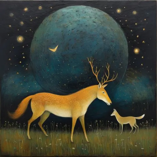 deer illustration,pere davids deer,vulpecula,dotted deer,fawns,moonlit night,goldmoon,moon and star,deer,moon and star background,deers,stag,moonlighted,rehe,eckmann,elk,dieckmann,faune,moon phase,moonbeams,Illustration,Abstract Fantasy,Abstract Fantasy 15