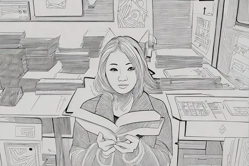 librarian,girl studying,book illustration,bookstore,the girl studies press,bookshop,bookworm,book store,reading,shopkeeper,library book,little girl reading,bookselling,writing-book,author,books,girl drawing,reader,bookkeeper,library,Design Sketch,Design Sketch,Character Sketch
