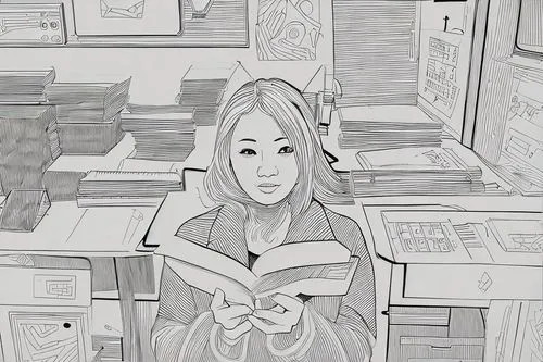 a femal,librarian,girl studying,book illustration,bookstore,the girl studies press,bookshop,bookworm,book store,reading,shopkeeper,library book,little girl reading,bookselling,writing-book,author,book