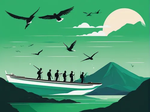 travel poster,kite boarder wallpaper,sea scouts,people fishing,fishermen,vector illustration,green sail black,migratory birds,fishing classes,birds of the sea,silhouette art,migration,bird migration,digital nomads,migratory,bird island,extinction rebellion,types of fishing,vector graphic,game illustration,Illustration,Vector,Vector 01