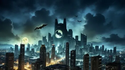 the city lights are yellow and the bat signal is in the sky,a batman themed wallpaper with a city skyline,arkham,gotham,lantern bat,batagram,gothams,black city