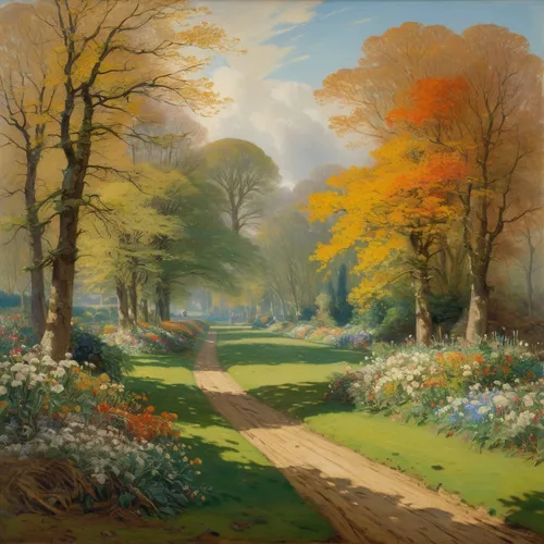 William Turner-inspired scene, half showing vibrant spring with flowers being planted, and half depicting autumn with trees being uprooted, dynamic light play,autumn landscape,robert duncanson,spring 