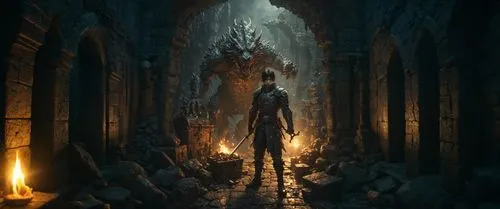 подземелье,a man in armor standing next to torches,hall of the fallen,harnam,shadowgate,osgiliath,nargothrond,valar