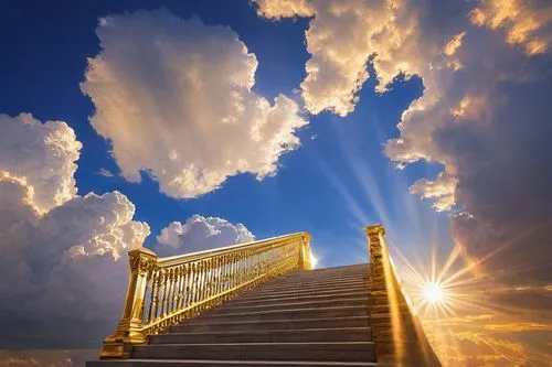 Heavenly landscape, fluffy white clouds, vibrant blue sky, golden sunlight, gentle rays, majestic staircase to heavens, pearly gates, angelic beings, feathered wings, harp music, peaceful atmosphere, 