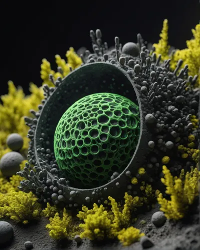 Earth future spatial civilization charcoal grey, green and yellow texture sponge capsule sponge texture inspires architectural design research and development of a tiny organic capsule space-based con