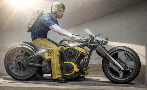 a person riding on the back of a motorcycle in a tunnel,bultaco,electric motorcycle,woffinden,racing bike,decoster,heavy motorcycle,Product Design,Vehicle Design,Engineering Vehicle,Modern Precision