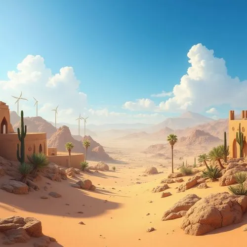 Desert landscape, sunny weather, blue sky with few white clouds, sandy dunes, cacti, rocky formations, mirage effect, hot temperature, Arabian style architecture, mud-brick buildings, intricate arches