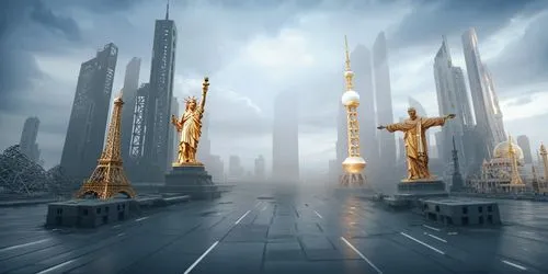 a group of statues with the statue of liberty in front of them,metropolis,coruscant,citadels,gallifrey,futuristic landscape,barad