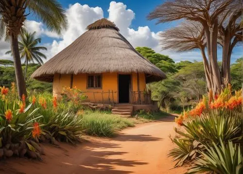 tropical house,thatched cottage,thatched roof,home landscape,thatched,traditional house,thatch roof,palapa,world digital painting,thatch umbrellas,huts,tropical island,afrotropical,madagascan,curacao,polynesian,biomes,tropical bloom,straw hut,landscape background,Conceptual Art,Fantasy,Fantasy 10