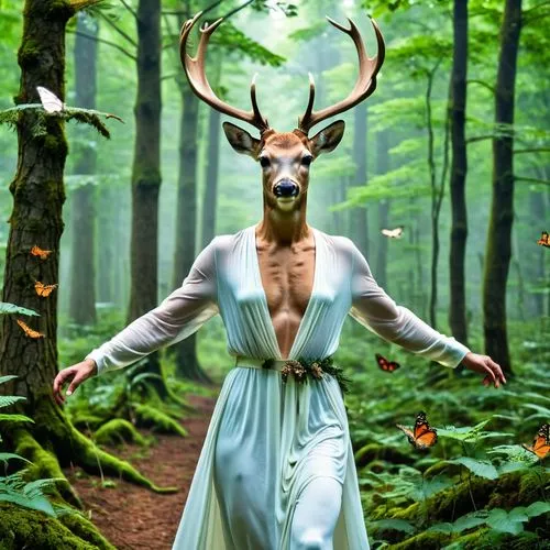 ballerina in the woods,cernunnos,european deer,biophilia,druidic,forest animal