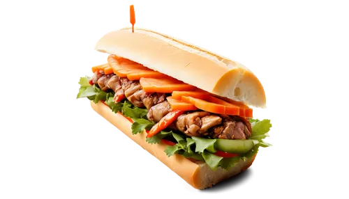 Vietnamese sandwich, Banh Mi, crispy baguette, pickled carrots, cucumbers, cilantro, grilled pork or chicken, sriracha mayo, sweet and spicy sauce, morning light, shallow depth of field, vibrant color