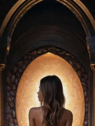 back light,woman silhouette,celtic woman,magic mirror,backless,hourglass