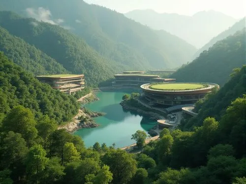 Sweeping green hills, serene lakeside, lush forest surroundings, majestic stadium architecture, curved lines, vibrant green roofs, natural stone fa\u00e7ades, wooden accents, cantilevered canopies, sh