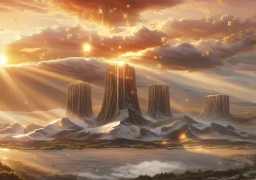 fantasy landscape,meteora,volcanic landscape,the pillar of light,futuristic landscape,heaven gate,fantasy picture,mountain sunrise,pillar of fire,god rays,cloud mountain,fire mountain,giant mountains,mountain world,the ruins of the,devil's tower,mountainous landforms,cloud mountains,heroic fantasy,mountainous landscape