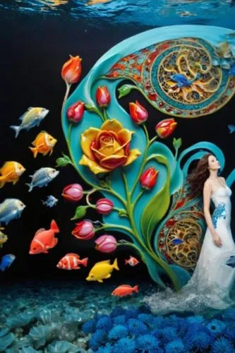 fantasy art,mermaid background,under the sea,ornamental fish,oil painting on canvas,art painting,aquarium decor,fantasy picture,heart of love river in kaohsiung,the sea maid,under sea,wall painting,gl