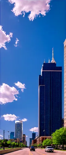 Indianapolis cityscape, downtown area, skyscrapers, office buildings, busy streets, cars moving, people walking, sunny day, blue sky with white clouds, 3/4 composition, wide-angle lens, shallow depth 