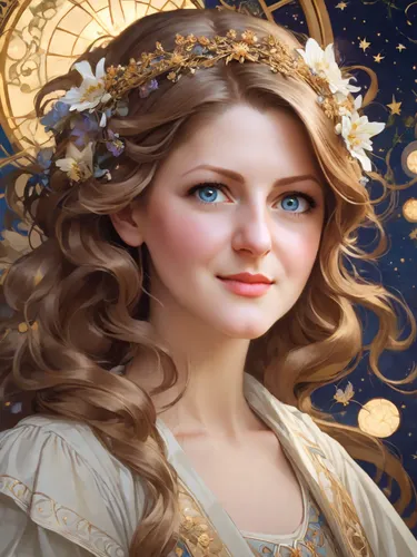 portrait of a girl with light brown hair in the painting style of Alphonse Mucha, starry night, blooming garden, flowers.,fantasy portrait,mary-gold,celtic woman,mystical portrait of a girl,zodiac sig