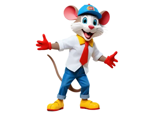 Chuck E Cheese, anthropomorphic rat, red fur, yellow gloves, blue jeans, white shirt, red hat, microphone in hand, standing on one leg, energetic pose, bright stage lights, colorful background, shallo