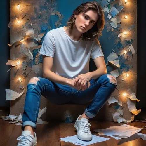 studio photo,jeans background,portrait background,denim background,photo session in torn clothes,studio light,cardboard background,flow,senior photos,young model,book,white shirt,male model,blue jeans,moody portrait,bluejeans,codes,spruce shoot,blue shoes,boy model,Photography,Artistic Photography,Artistic Photography 02