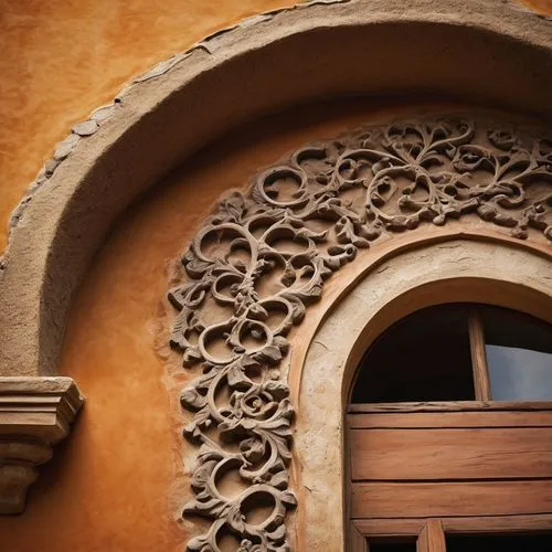 Clay, architectural element, earthy tone, rough texture, irregular shape, rustic exterior wall, ancient building, Mediterranean villa, Spanish style, curved arches, ornate decorations, worn-out surfac