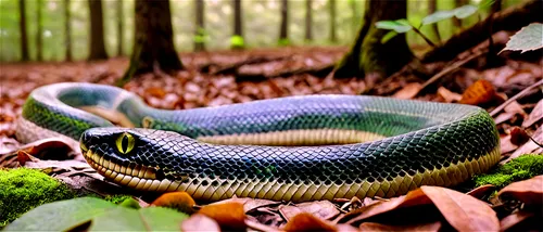 Snake, reptile, green scales, forked tongue, slithering, curled up, solo, detailed texture, shiny eyes, black pupils, forest floor, warm sunlight filtering through leaves, 3/4 composition, shallow dep