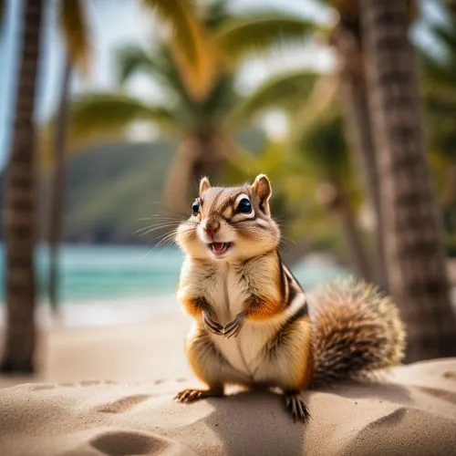 A chipmunk with googly eyes chilling at the beach with palm trees in the background,palm squirrel,relaxed squirrel,chilling squirrel,tree chipmunk,indian palm squirrel,chipmunk,hungry chipmunk,tree sq