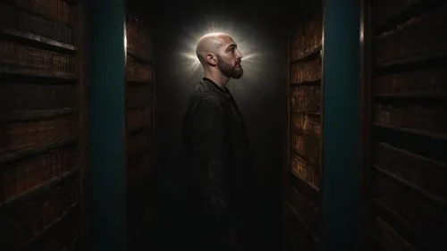 Depth of Field, Intense and dramatic, often with low key lighting.,a man with a bald head standing in a dark room with bookshelves,odadjian,mieville,kalkbrenner,statham,petyr,draiman,mordenkainen,gust