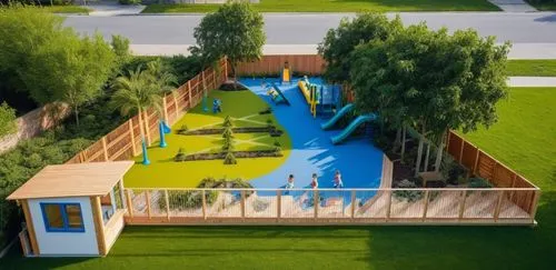 park with white railings, blue floor,a small wooden play area with a slide in it,dug-out pool,artificial grass,outdoor pool,landscape designers sydney,swimming pool,landscape design sydney,Photography