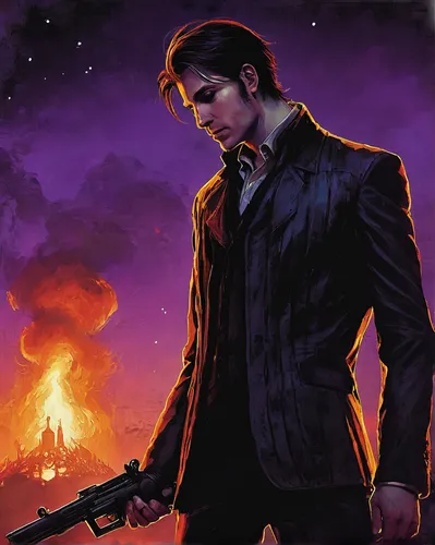 star-lord peter jason quill,sci fiction illustration,cg artwork,game illustration,steve rogers,holding a gun,agent 13,free fire,solo,fire background,man holding gun and light,deacon,lucus burns,game art,gunshot,robert harbeck,colt,purple background,dark suit,mystery book cover,Illustration,Paper based,Paper Based 18