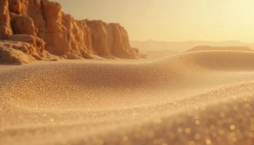 Sandy dunes, desert landscape, sunny day, warm light, golden sand, intricate texture, coarse granules, natural formation, organic shape, eroded structure, weathered surface, earthy tone, beige color, 