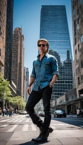 Brad Pitt, mature man, handsome face, short hair, sunglasses, casual wear, denim shirt, black jeans, boots, leaning against, modern architecture, skyscraper, cityscape, metropolitan area, busy street,