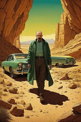 breaking bad,desert safari,desert background,sci fiction illustration,elderly man,travel poster,stan lee,kingpin,desert,continental,grandfather,merzouga,ford prefect,sand road,walt,the wanderer,indiana jones,merc,desert run,the desert,Illustration,Retro,Retro 19