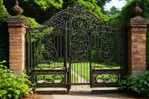 ornate ironwork, intricate patterns, Victorian-era inspiration, rusty gates, grand entrance, stone pillars, lush greenery, ivy climbing, natural surroundings, sunny afternoon, warm lighting, shallow d