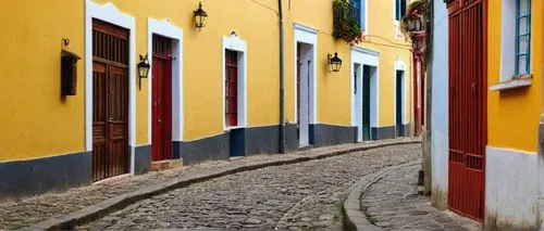 Colonia del Sacramento, Uruguay, historic quarter, colorful colonial architecture, bright yellow walls, wooden doors, ornate balconies, red-tiled roofs, narrow cobblestone streets, vintage street lamp