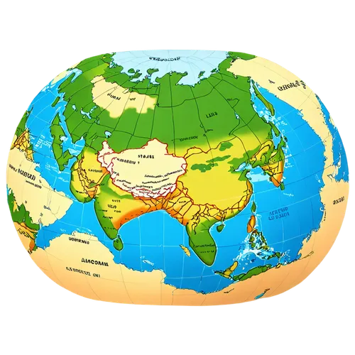 World map, Asia-centered, 2D illustration, vibrant colors, bold lines, geographical features, mountain ranges, rivers, deserts, oceans, continents, countries' borders, capital cities, iconic landmarks