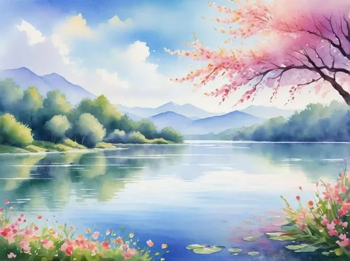 landscape background,watercolor background,springtime background,river landscape,japanese sakura background,spring background,meadow in pastel,flower painting,nature landscape,sakura trees,takato cherry blossoms,spring lake,beautiful landscape,beautiful lake,sakura background,background view nature,japanese floral background,japan landscape,landscape nature,spring leaf background,Illustration,Realistic Fantasy,Realistic Fantasy 08