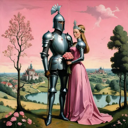 couple of woman in medieval dress with high cap headdress and knight in armor with open visor holding bouquet of flowers standing next to each other, storybook illustration, Terry Oakes, tumblr, forma