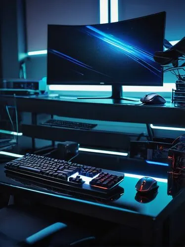 Modern computer, sleek design, metallic material, LED lights, wires, circuits, motherboard, CPU, RAM, GPU, hard drive, keyboard, mouse, monitor, ergonomic chair, desk, office background, fluorescent l