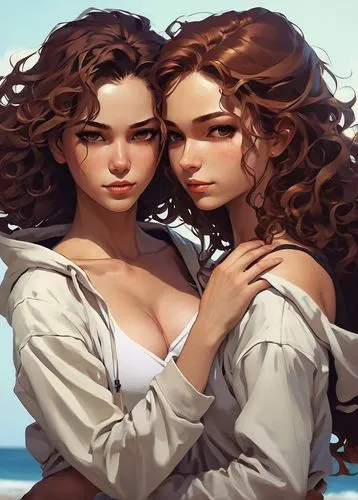 2girls on picture, cuddle, strong female character, youngwoman in short unbuttoned halfweatshirt with hoodie revealing the shoulders, long strong wavy curly flared hair, brown hair, ,maidens,two girls