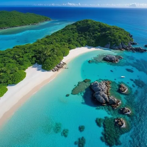 depict idyllic island scenes with pristine beaches, lush vegetation, and clear blue waters,an aerial view of an island in the ocean,grenadines,praslin,caribbean,fiji,the caribbean,similan island,Photo