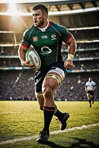 Rugby player, muscular man, athletic build, short hair, determined facial expression, mouthguard, ear protection, rugby uniform, sleeves with sponsor logos, shorts with stripes, cleats, strong legs, d