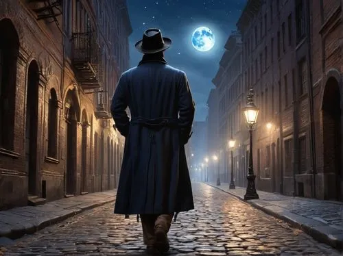 lamplighter,pilgrim,sleepwalker,fedora,night watch,investigator,detective,sherlock holmes,light of night,night scene,night image,photo manipulation,the wanderer,mystery book cover,clockmaker,photoshop manipulation,nocturnes,photomanipulation,inspector,the cobbled streets,Conceptual Art,Fantasy,Fantasy 27