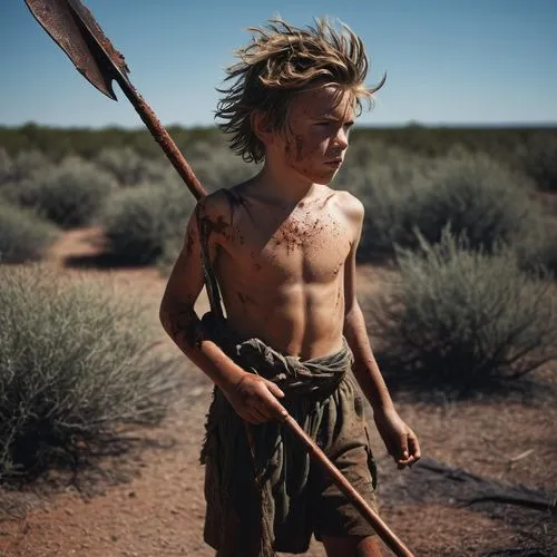 Shirtless sunburn barefoot filthy dirty angry young boy in the wild holding a spear with messy hair covered in sweat dirt and scars in bright sunshine in blazing heatwave sneaking around hunting in th