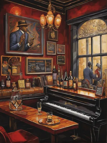 piano bar,piano player,jazz club,concerto for piano,paris cafe,coffeehouse,the piano,blues and jazz singer,pianos,jazz pianist,grand piano,liquor bar,tearoom,watercolor cafe,music society,soda fountain,the gramophone,the coffee shop,dining room,bistrot,Illustration,Abstract Fantasy,Abstract Fantasy 07