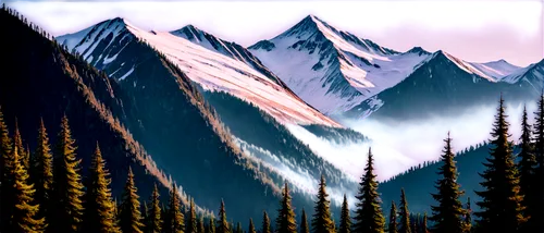 mountains,mountainsides,mountain scene,mountain slope,snowy peaks,moutains,mountain landscape,mountainside,mountainous landscape,icefields,mountain range,mountain,spruce forest,high mountains,snowy mountains,snow mountains,mountain ranges,moraine,boreal,mountain peak,Illustration,Paper based,Paper Based 27