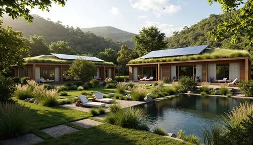 grass roof,amanresorts,lefay,summer house,ecovillages,landscaped,holiday villa,3d rendering,pool house,floating huts,gstaad,swiss house,forest house,chalet,luxury property,house in the mountains,greenforest,yinzhen,ecovillage,outdoor pool